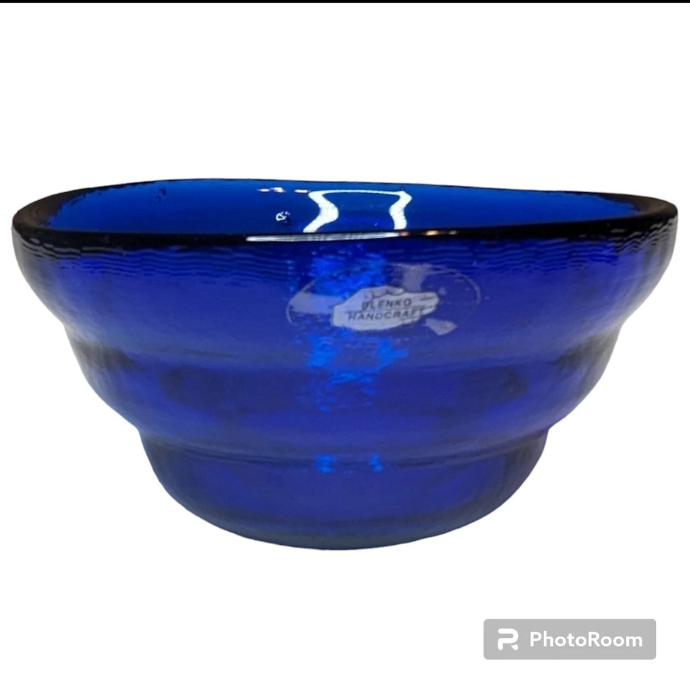 BLENKO Freeform Bowl Cobalt Blue Art Glass Trinket Dish Textured Decorative